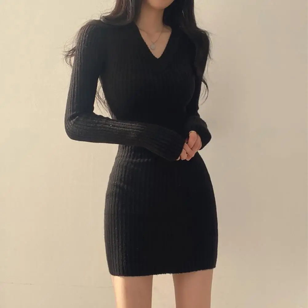 Winter Sweater Dress Long Sleeves Knitted Above Knee Slim Fit V Neck Elastic Solid Color Striped Texture Mini Dress Prom Dress