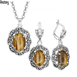 Plum Flower Pendant Natural Tiger Eye Necklace Earrings Jewelry Set Rhinestone Vintage Fashion Jewelry For Women TS403