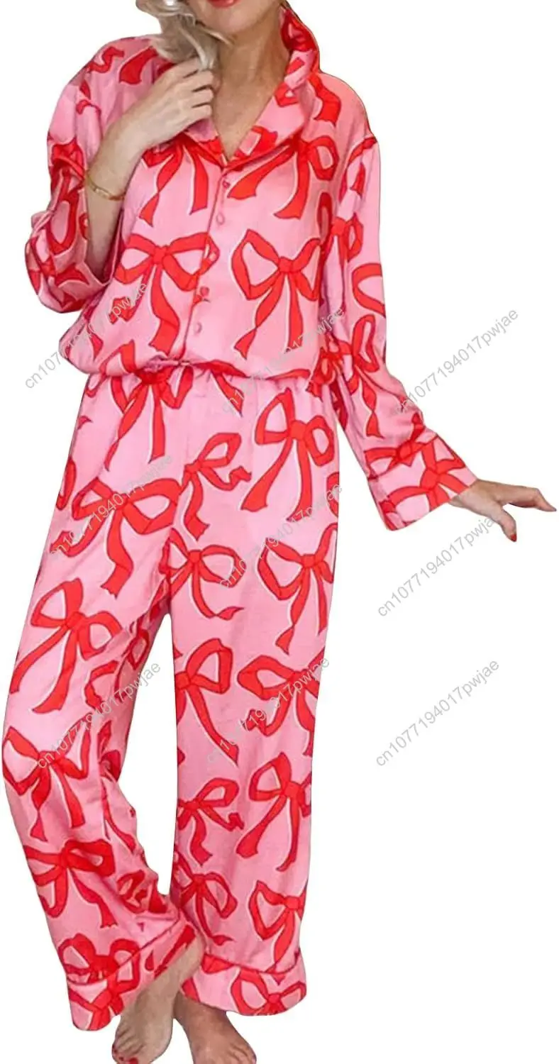 Tsultryofs Damen-Pyjama-Set mit Y2k-Schleife, zweiteilig, Button-Down-Pyjama-Outfits, süßes Langarmshirt und Hose, passende Sets, Nachtwäsche