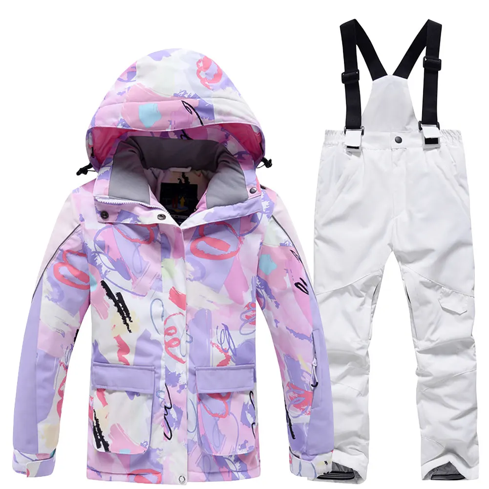 

Kids Skiing Jacket + Bib Pants Fashion Printed Snowsuits 2-Piece Boys Girls Hooded Winter Warm Windproof Snowboarding Wear