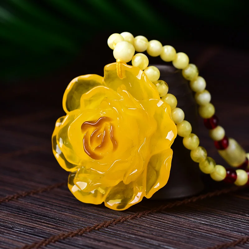 

Baltic Amber Wax Natural Chicken Oil Yellow Old Beeswax Pendant Peony Flower Women Original Stone Amber Sweater Chain Necklace