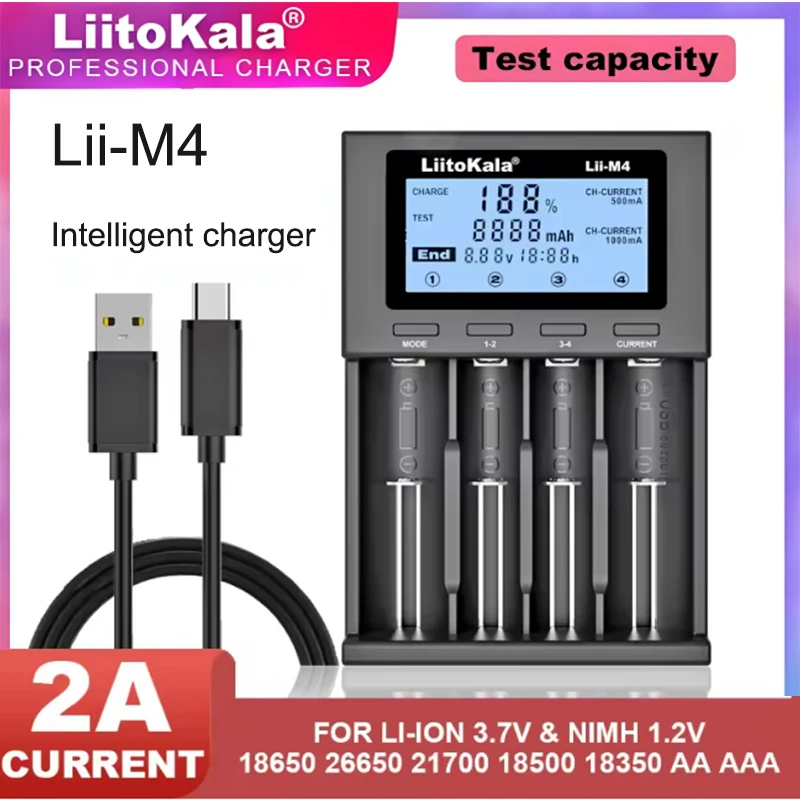 

LiitoKala LiitoKala Lii-M4 18650 Charger LCD Display Universal Smart Charger Test Capacity 26650 18650 21700 AA AAA Batt