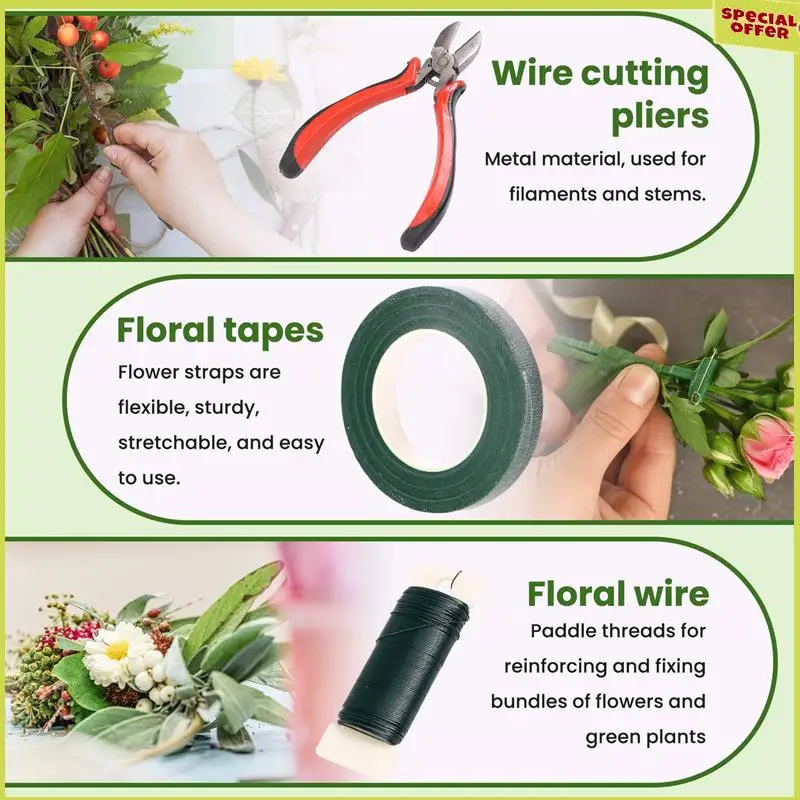 

A34R Floral Arrangement Tool Kit Floral Tape Stem Wrap Green Stem Wire Floral Wire For Bouquet Stem Wrap Florist