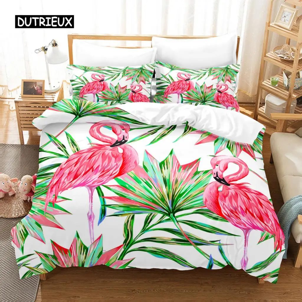 

Flamingo Duvet Cover Set Tropical Animal Comforter Cover Leaves Palm Leaves Bedding Set Polyester Nature Theme Queen Quilt Cover