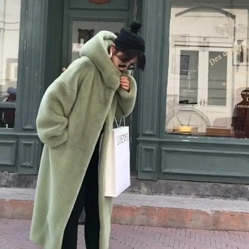 Women's Long Hooded Stand Collar Faux Fur Coat Imitation Mink Velvet Fur Thickened Loose Jacket Winter Commute Women Clothing