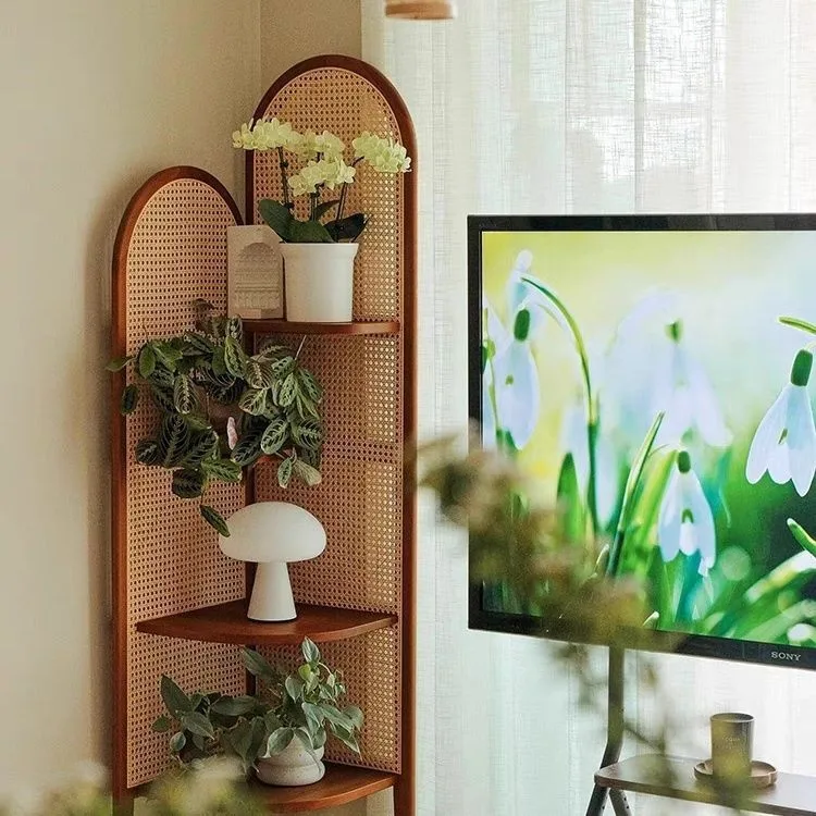 Furnitur Rak Segitiga Rak Buku Retro Kayu Solid Ruang Tamu Penyimpanan Rotan Sofa Kamar Tidur Lantai Kabinet Sudut