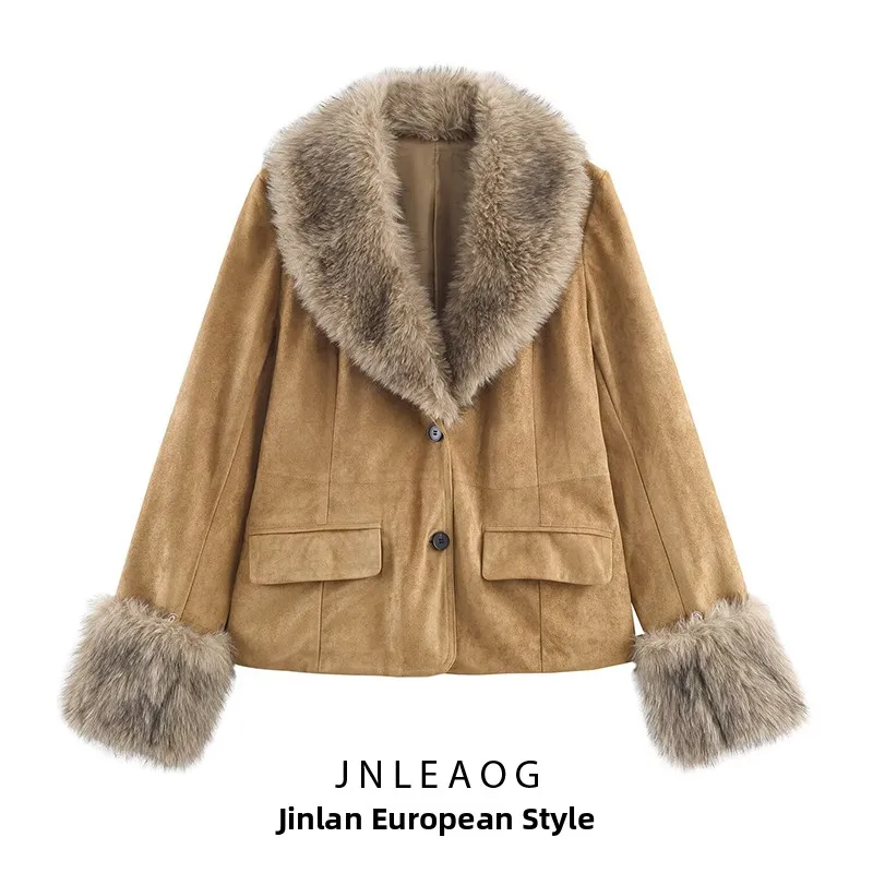 

Autumn New Arrival Women's Faux Fur Effect Windproof Leather Jaet Coat Stand Fit Long Sve Polyester Ladies Outerwear