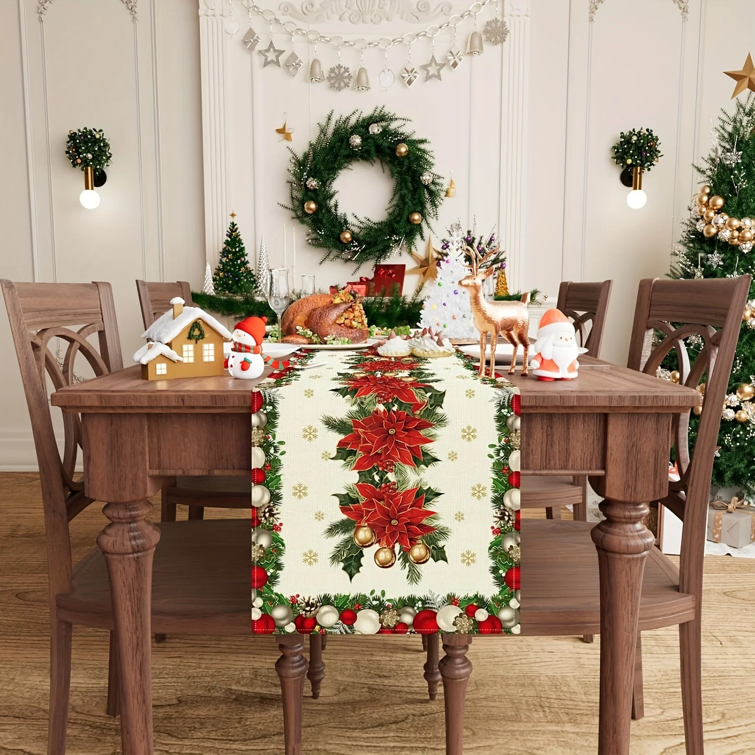 Christmas Poinsettia Xmas Balls Linen Table Runner Party Decor Winter Holiday Kitchen Dining Table Runner Christmas Decorations
