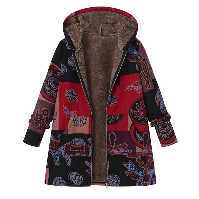 Printed Hooded Long Sleeve Coat Oversized Vintage Women Autumn Winter Warm Plush Jacket Casual Ladies Clothes