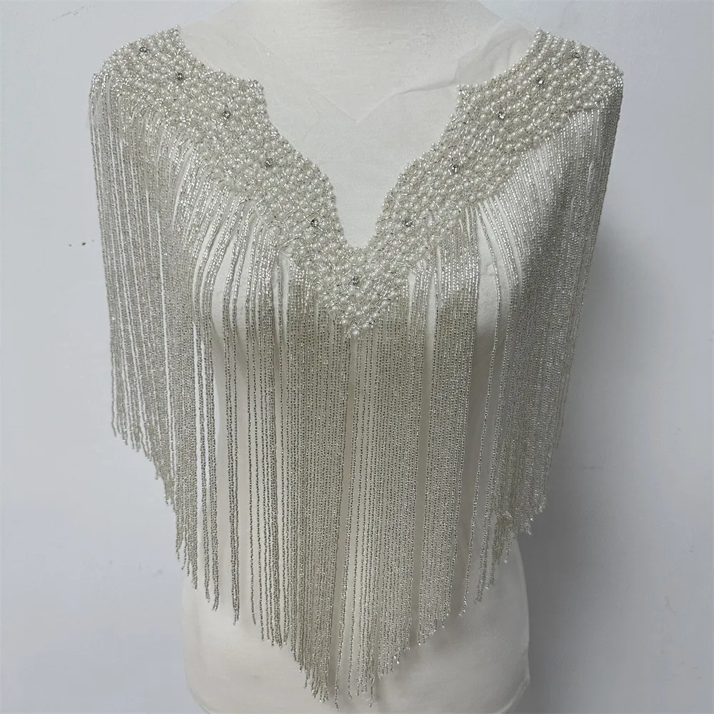 Handmade Sew-on Wedding Beaded Tassels Collar Gold Silver Sewing Patches Appliques Neckline with Fringe