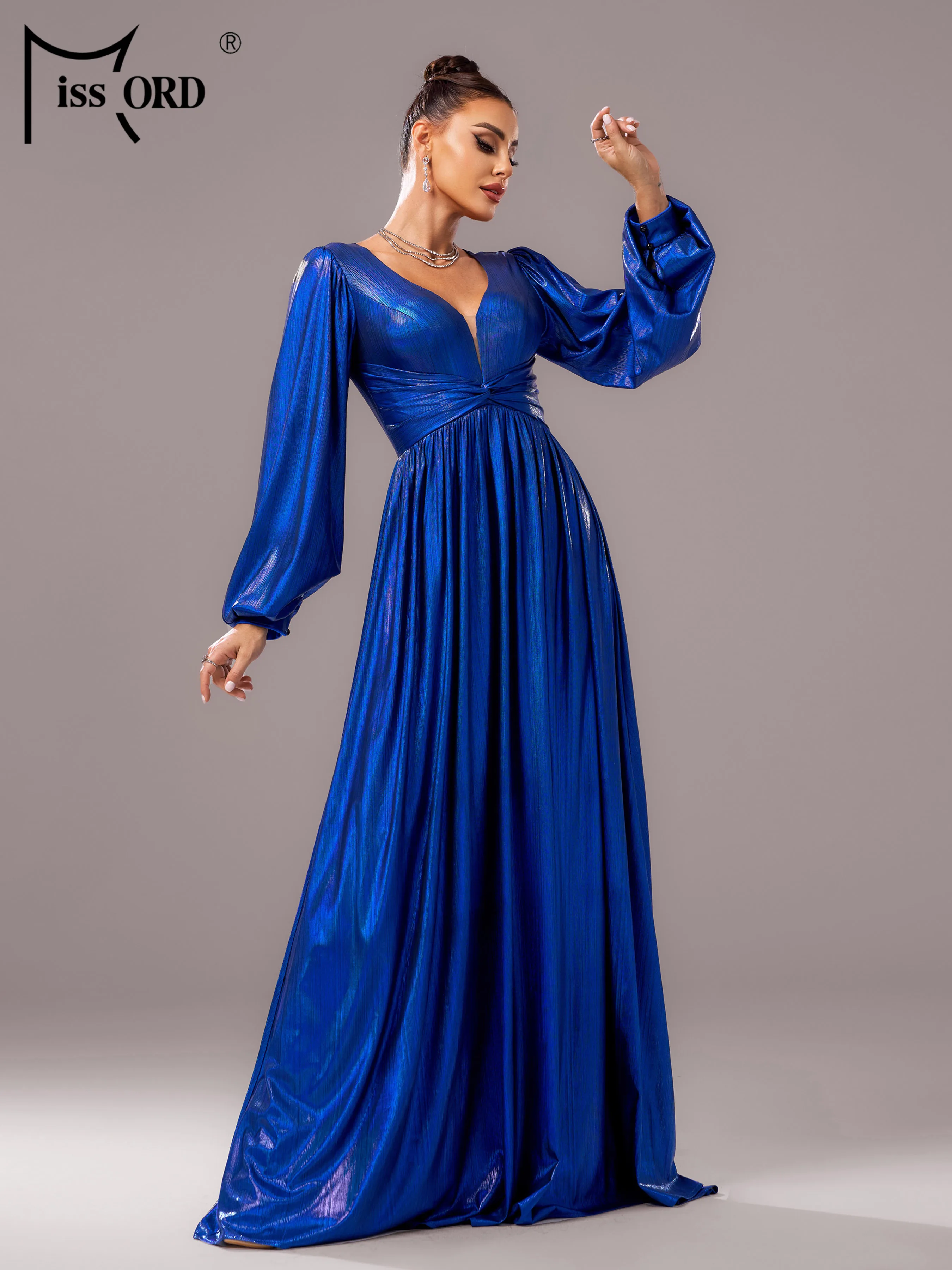 

Missord New Blue V Neck Lantern Sleeve A Line Evening Gown Wedding Birthday Party Formal Occasion High Quality Luxury Dress