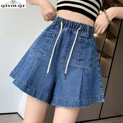 Jupe short en jean grande taille pour femme, coupe trapèze fine, jambe large, taille haute, amincissante, mode, printemps, été