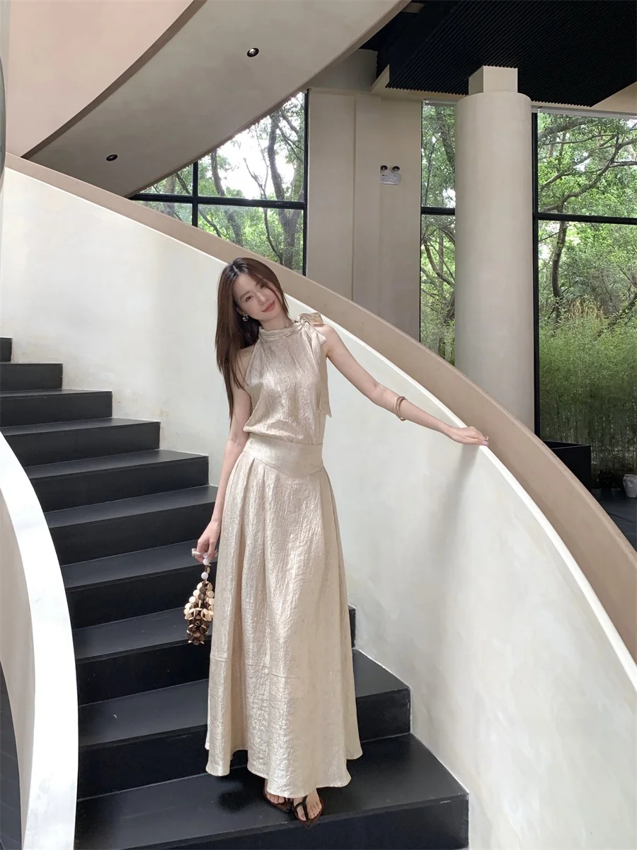 

Юбка миди женская летняя новая, однотонная, из ацетатного атласа, с завышенной талией, А-силуэт, простой дизайн, для офиса и повседневной носки