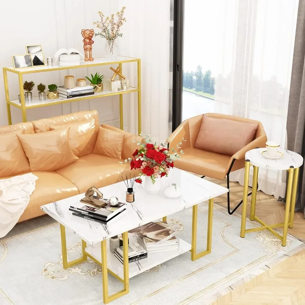 Набор журнальных столиков середины века из 3 штук, журнальный столик из искусственного мрамора и круглый торцевой столик с полками для хранения и металлическим каркасом, Living