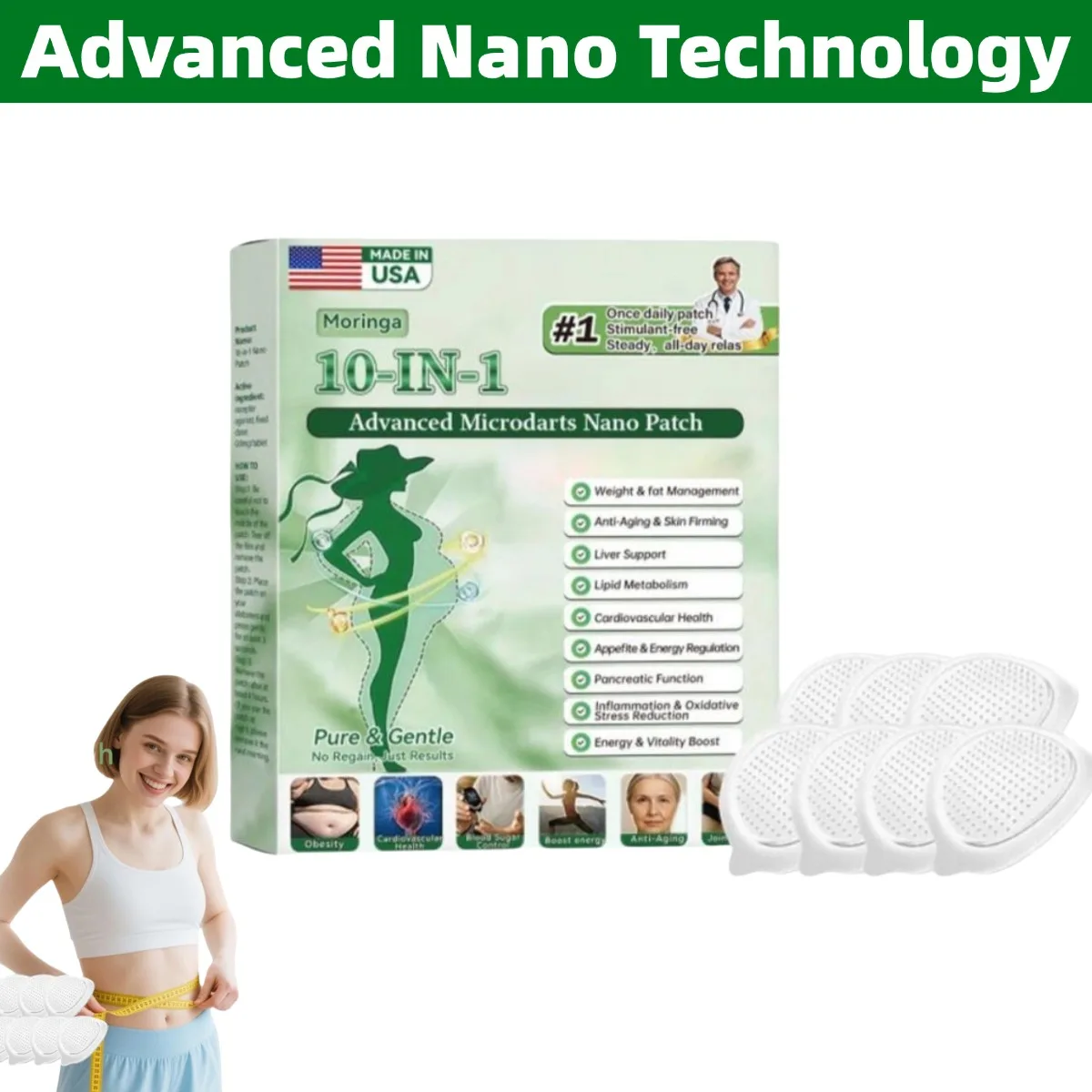 Adesivo Portátil de Microagulhas Nano para Firmeza da Pele com Moringa 10-em-1, Berberina, NAD+ para Hidratação da Pele e Gerenciamento de Gordura para Mulheres e Homens
