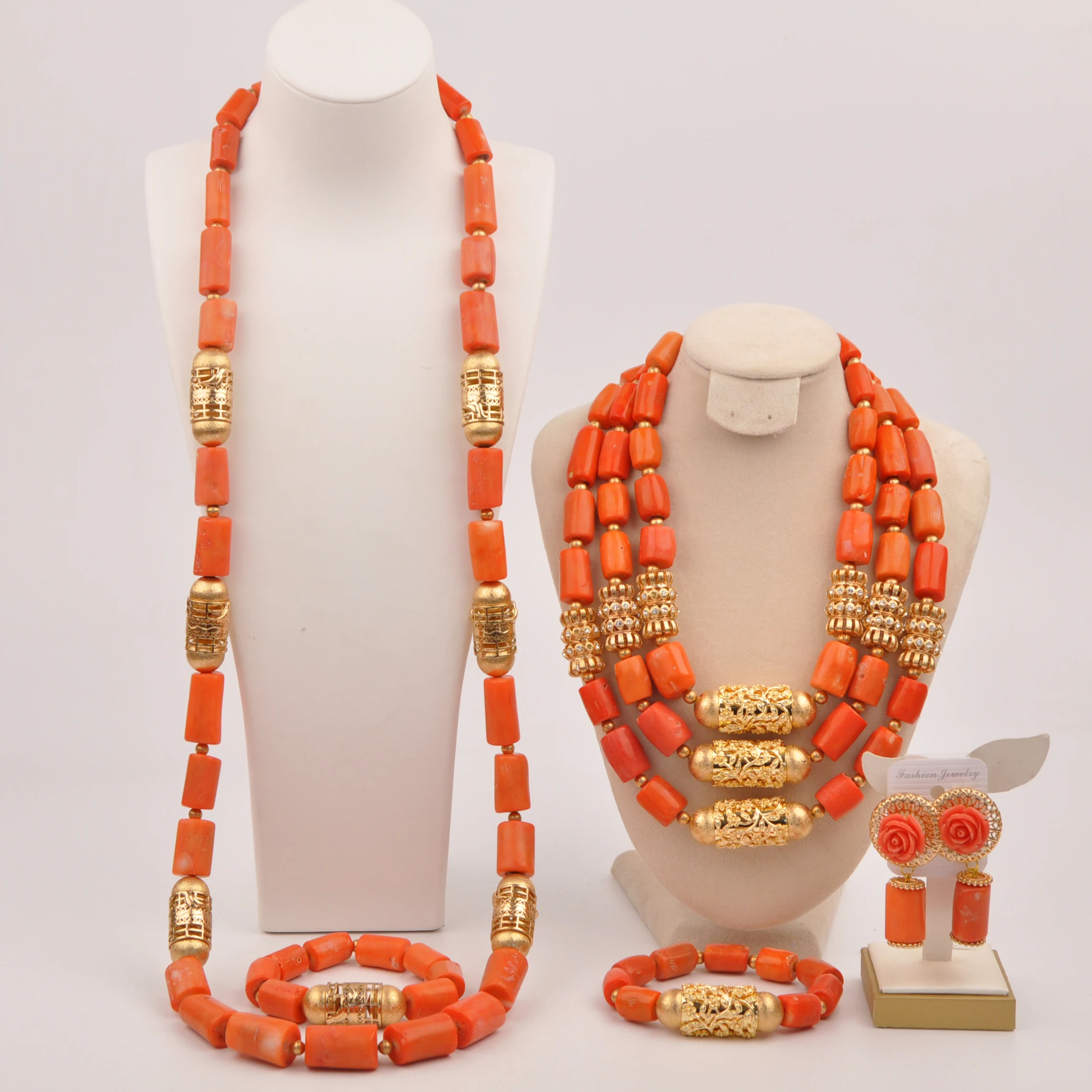 

Nigeria Fashion Wedding Beads Natural Orange Coral Couple Necklace African Bride Wedding Dress Groom Dress Accessories SHXY-39