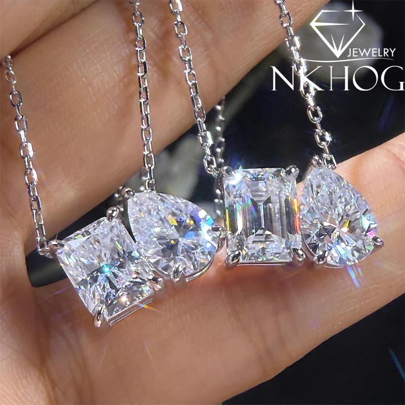 925 Sterling Silver 2/5cttw Moissanite Pendant Necklace Women Pear Emerald Radiant Two Stone Pendant Fine Jewelry Gift Certified