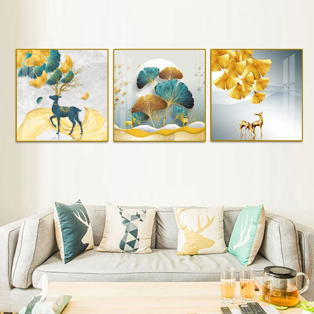 Golden Ginkgo biloba Canvas Painting Nordic Golden Deer Modern Luxury Decoration ArtWall Art Print Picture