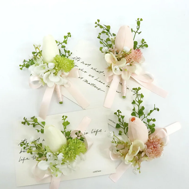 ประดิษฐ์ Boutonnieres ดอกทิวลิปดอกไม้กำไลข้อมือแฟชั่นอุปกรณ์เสริมเจ้าสาว Boutonniere Mariage Homme Fleurs Séchées