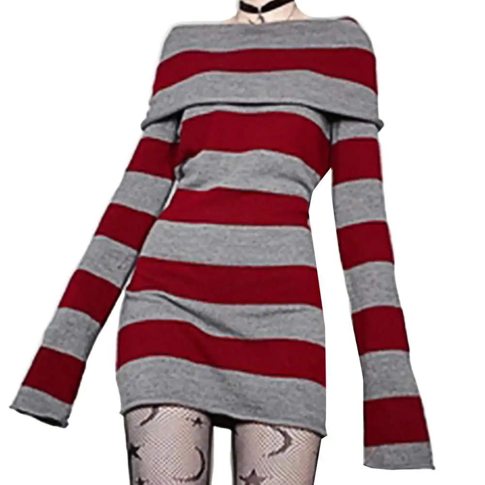 Maglione a righe Mini abito Mall Goth Grunge Emo Bodycon Chic donna Off spalla manica intera abiti Slim Fit 00s Vintage