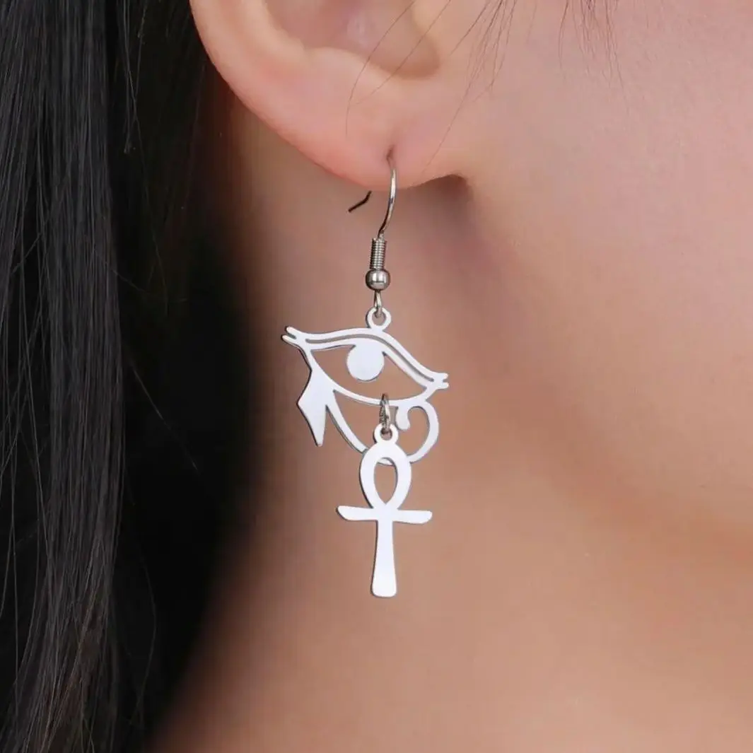 LIKGREAT Egyptian Eye of Horus Ankh Cross Drop Dangle Earrings for Women Stainless Steel Celtic Knot Eye of Ra Amulet Jewelry