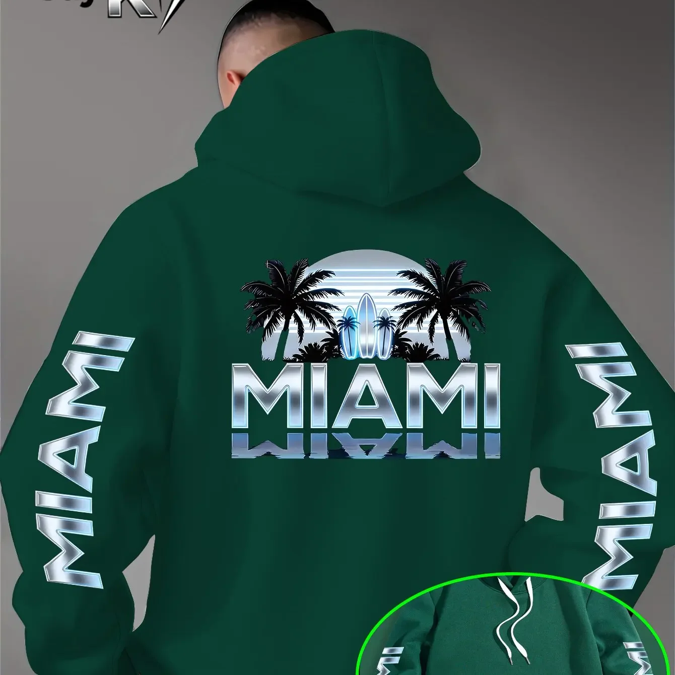 Street Culture Symbol Hoodie Miami Tropical Retro Metallic Silvery Gradient Font MIAMI Pattern Print