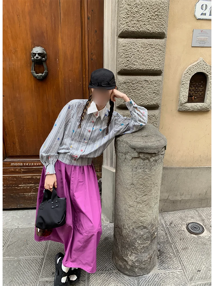 

Faionable Striped Loose Sve Long Jaet irt Women's Small Size MONA New Arrival Casual Sle Cotton Polyester Blend