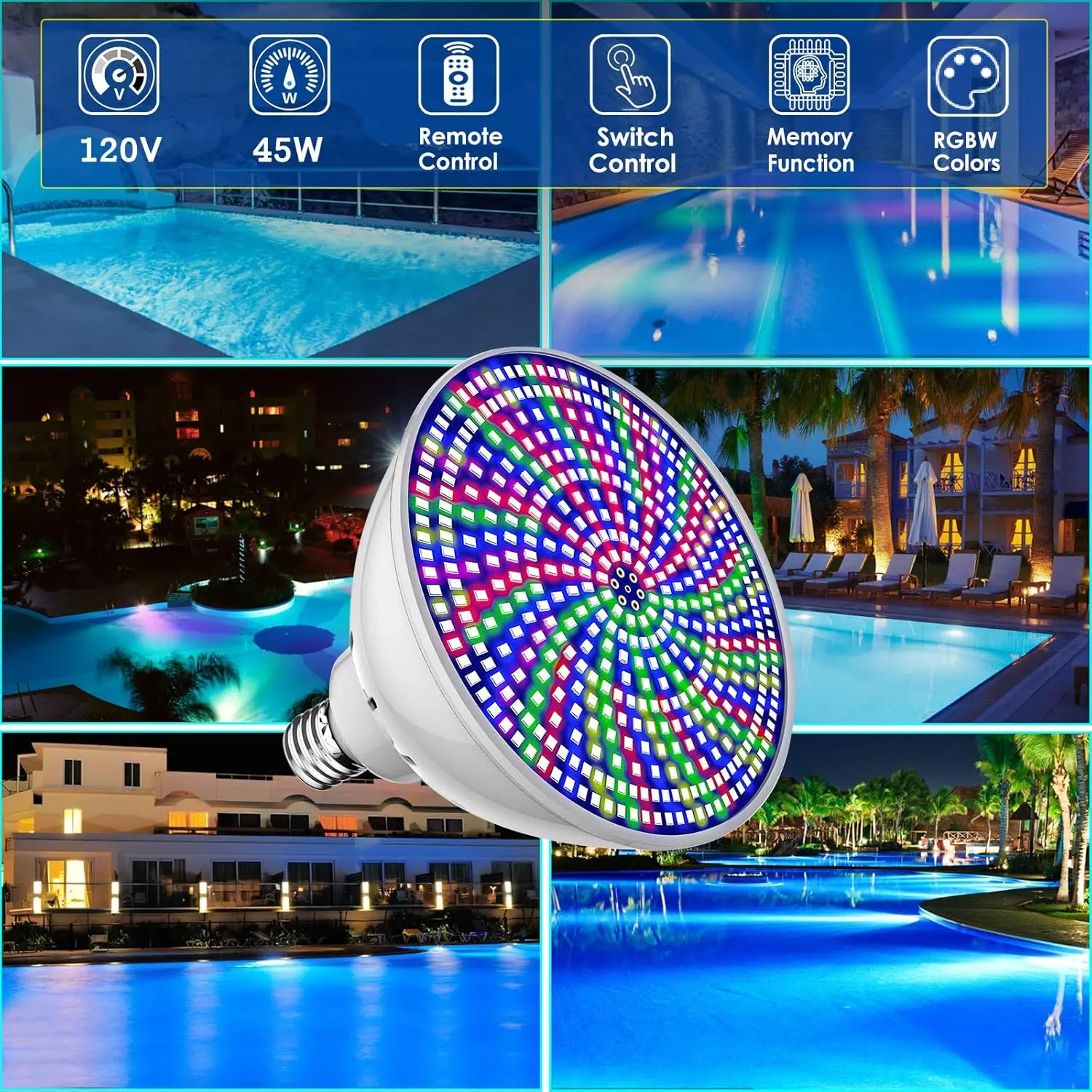 

Pool Lights Bulb, 120V 45W RGB Color Changing Underwater LED Pool Light for Inground Pool, E26 Replacement Bulb