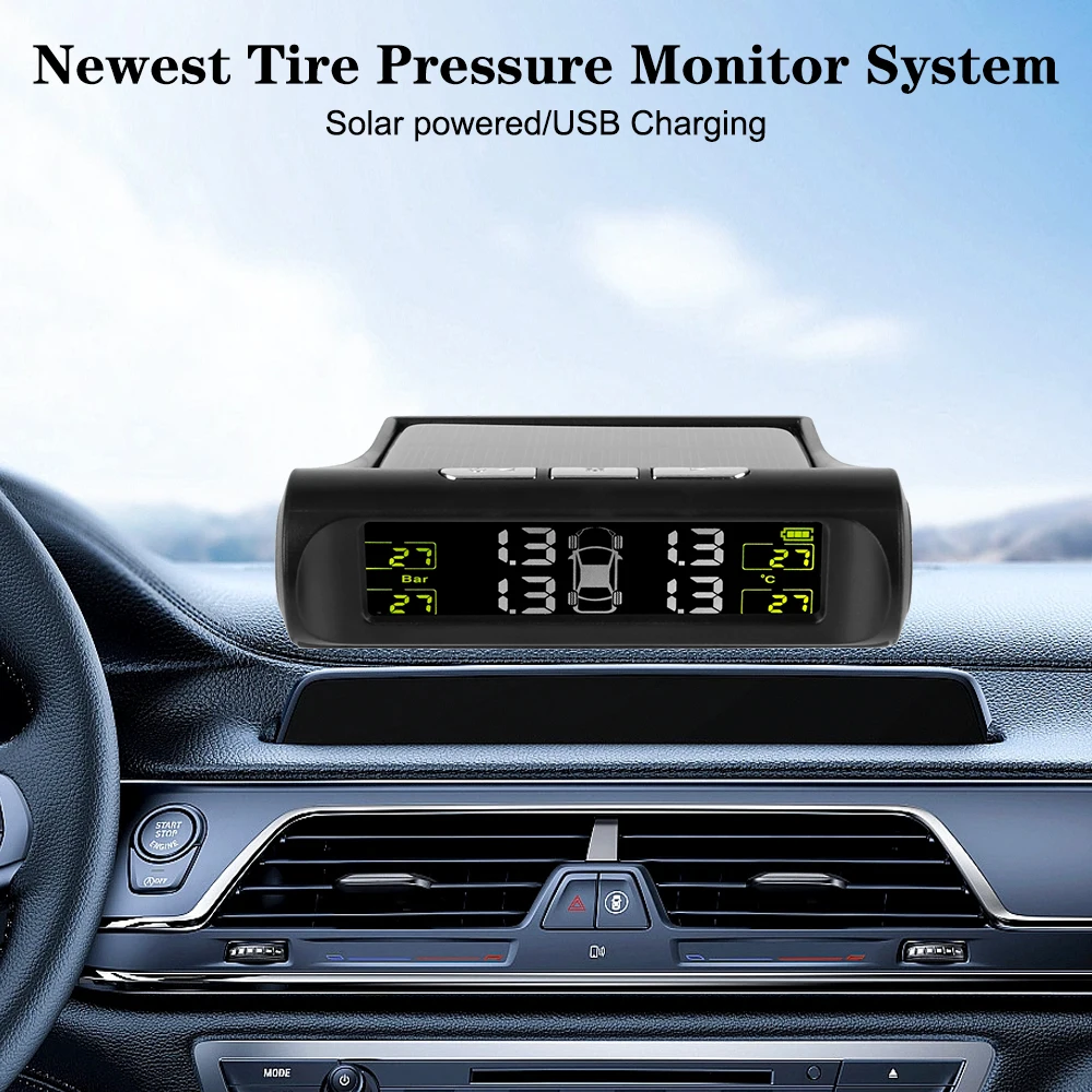 Car Tire Pressure Monitoring System 0-6Bar USB/Solar TPMS Tyre Temperature Monitor Auto Security Alarm Systems Universal