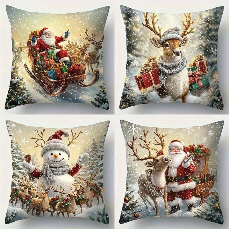 Christmas Pillowcase 4pcs, 2D Flat Single-Sided Print Short Plush, Non-Embroidered Machine Washable for Multi-Holiday Decor