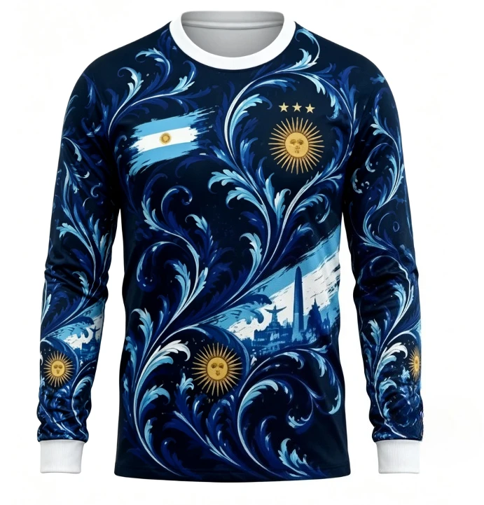 New Argentina round neck long sleeved T-shirt 3D printed pattern breathable fast drying sports training top unisex