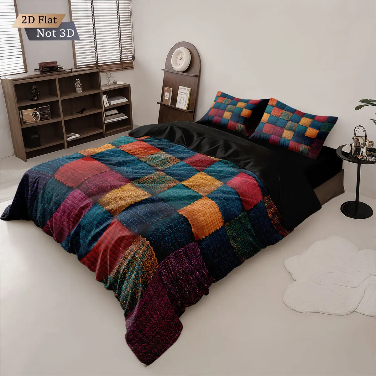 3pcs Color Block Splicing Printed Coreless Down Duvet Cover Set, Multi Size Bedroom Bedding Decoration, Machine Washable