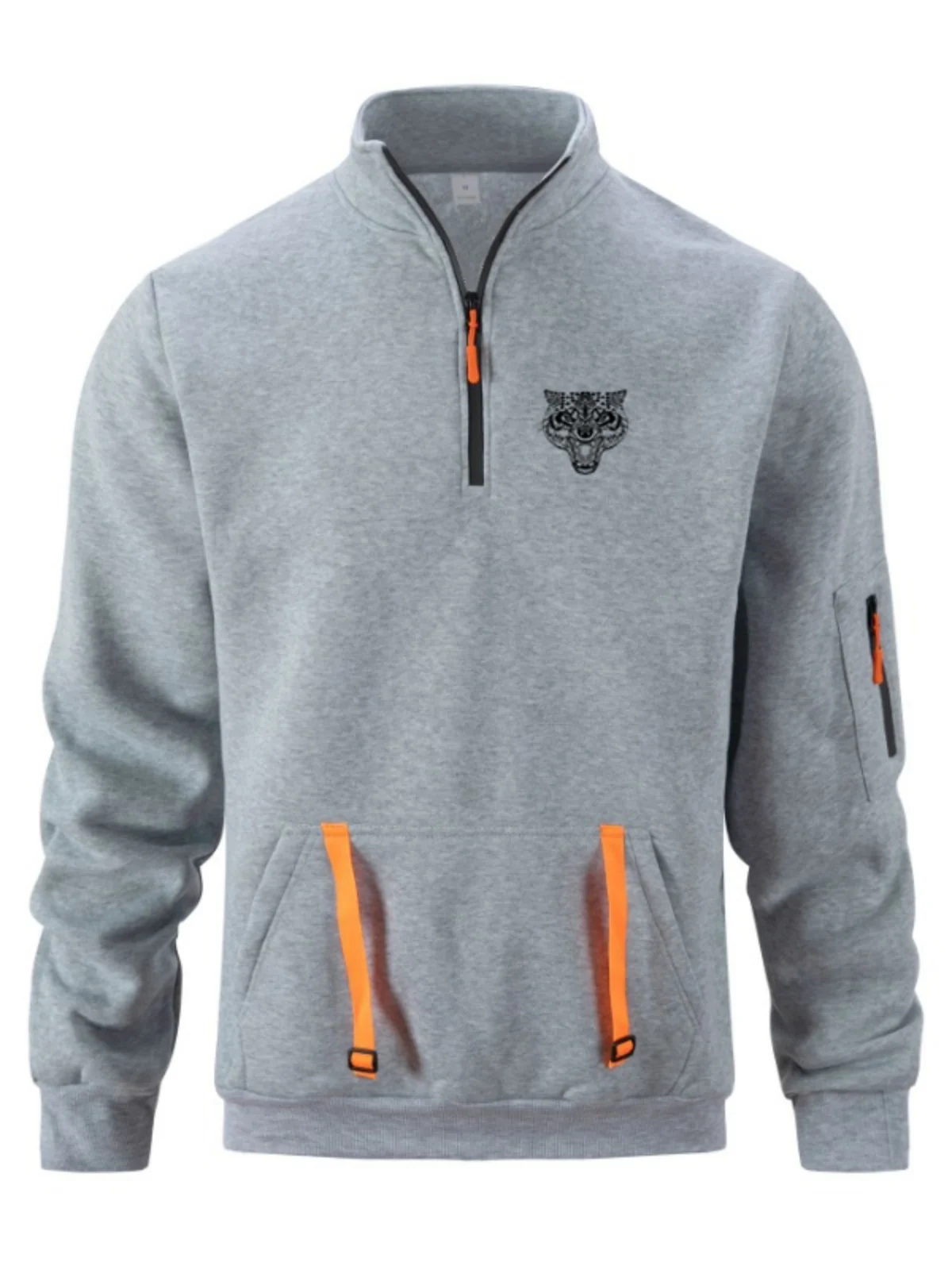 New men's spring-autumn pullover with zipper stand collar, sport print pattern on the arm, pure color top