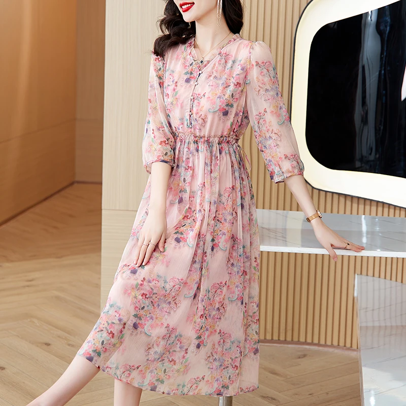 

2023 New Fashion V-neck Silk Printed Dress Women's Summer Elegant Fragmented Flowers Loose Fit Resort Beach Vestidos