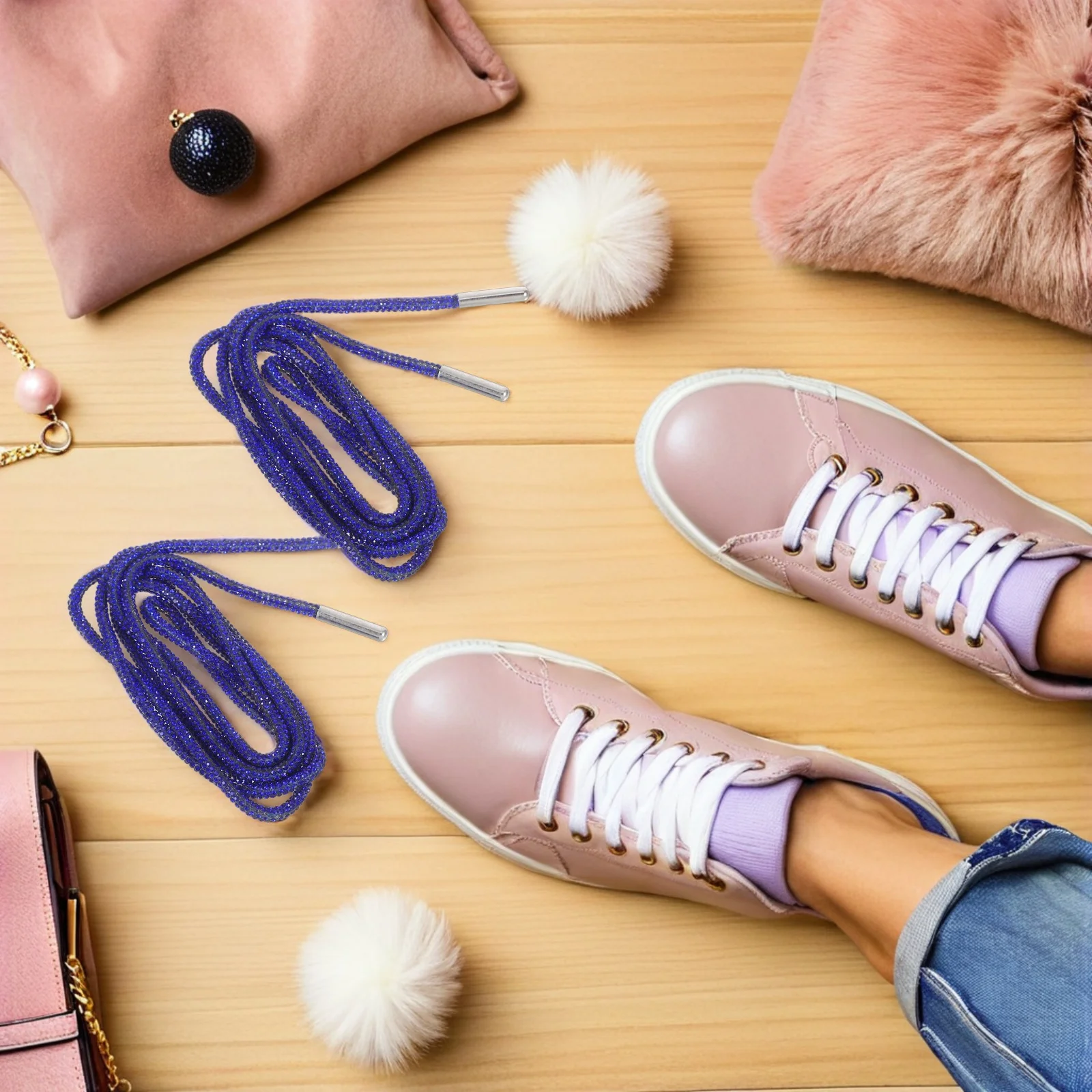 

1Pair Rhinestone Boot Laces Glitter Shoe Strings for Sneakers Crystal Bling Rope 47.16inch Blue Easy Installation Trendy