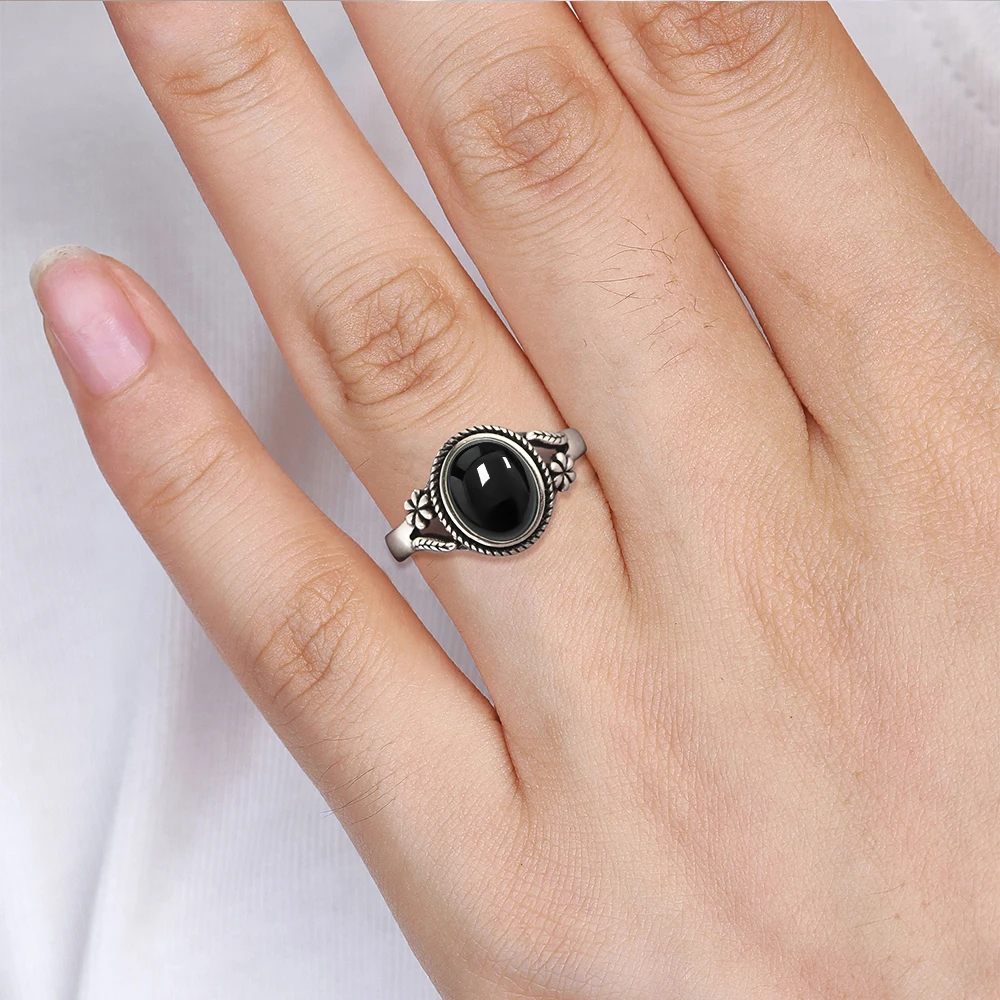 خمر 925 فضة العقيق الأسود الطبيعي 8*10 مللي متر خاتم زهرة على شكل حلقة غرامة مجوهرات البنصر للنساء #2