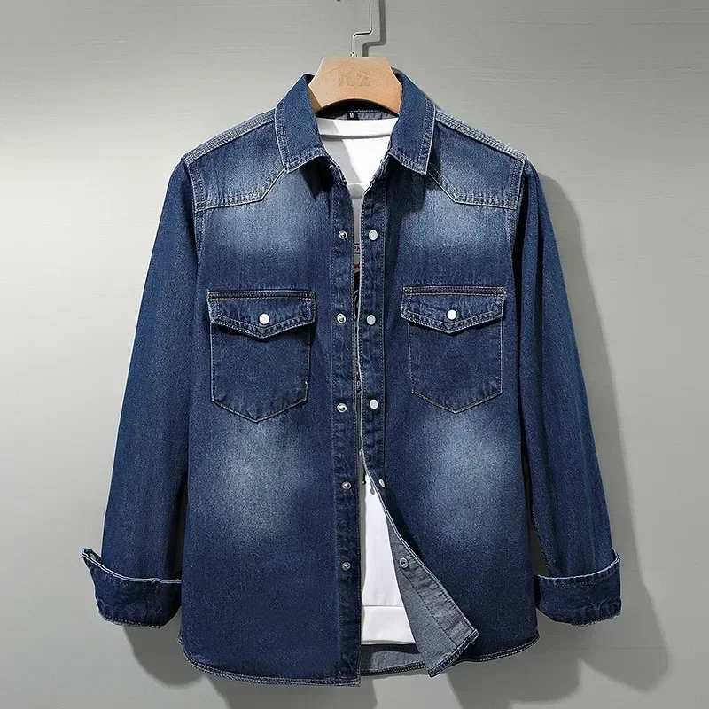 Japanese Korean Trend Long-sleeved Retro Denim Shirt Men\'s Fashion Casual All-match Jean Shirt Trend Casual Denim Coat Clothes