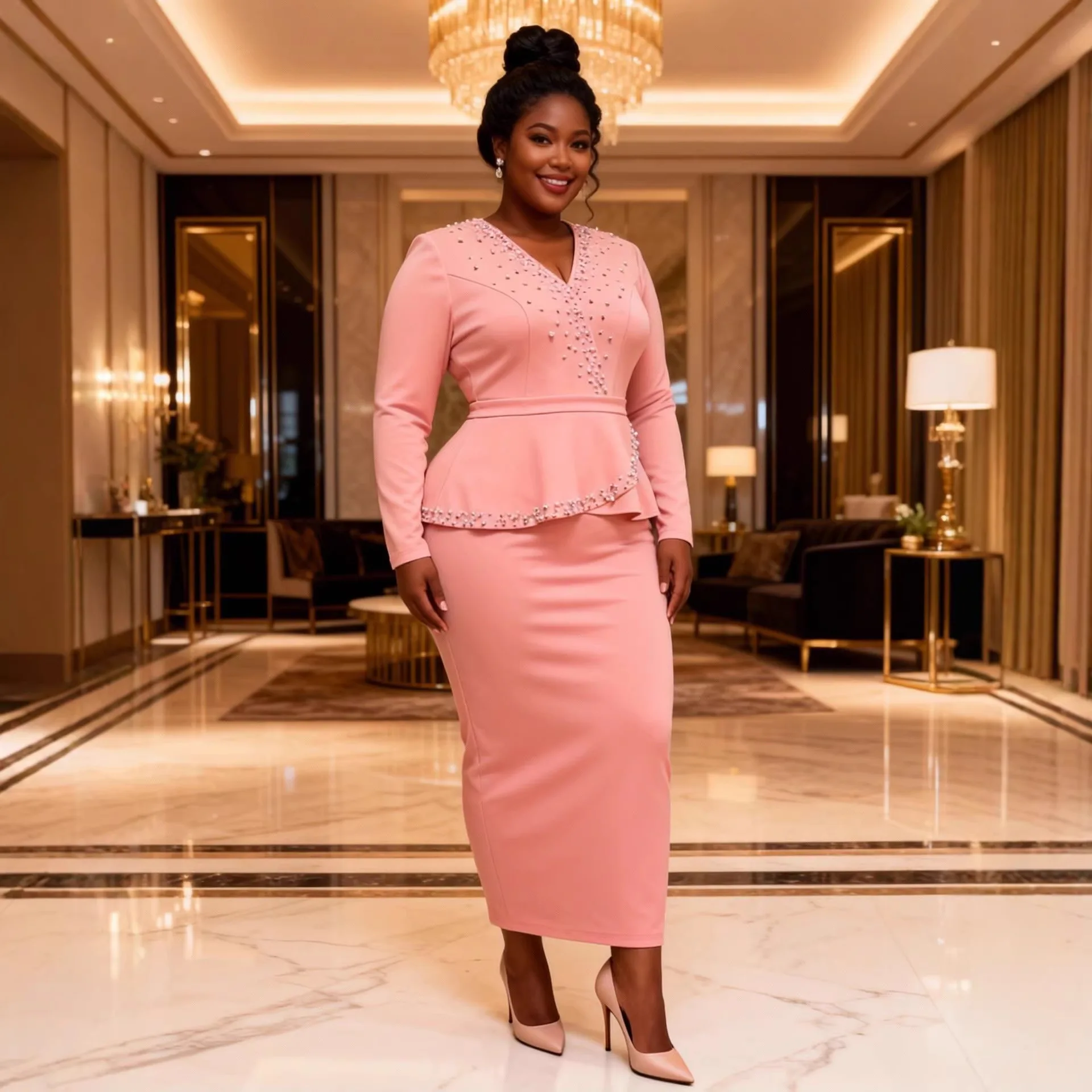 Abito Maxi Elegante da Donna Plus Size Rosa con Peplum, Scollo a V, Strass e Maniche Lunghe, Vestito Aderente per Feste Africane