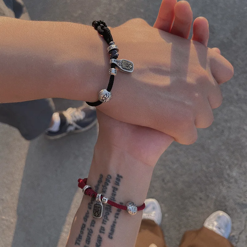 

New Niche Fashion Design Tibet Patron God Yoxing Dharma Couple Bracelet S925 Sterling Silver Men's and Women's HandString Chain