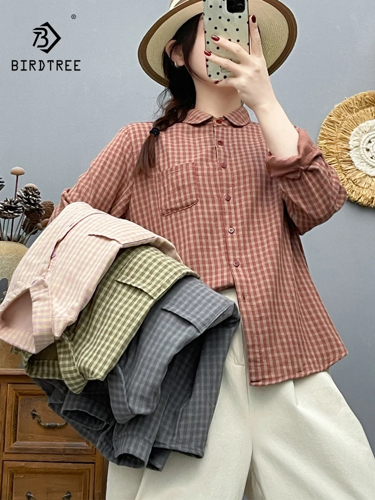 

New 2026 Spring Women Cotton Yarn Long Sleeve Shirt, Turn-down Collar Plaid, Mori Girl Casual Breathable Loose Blouse T61822CC