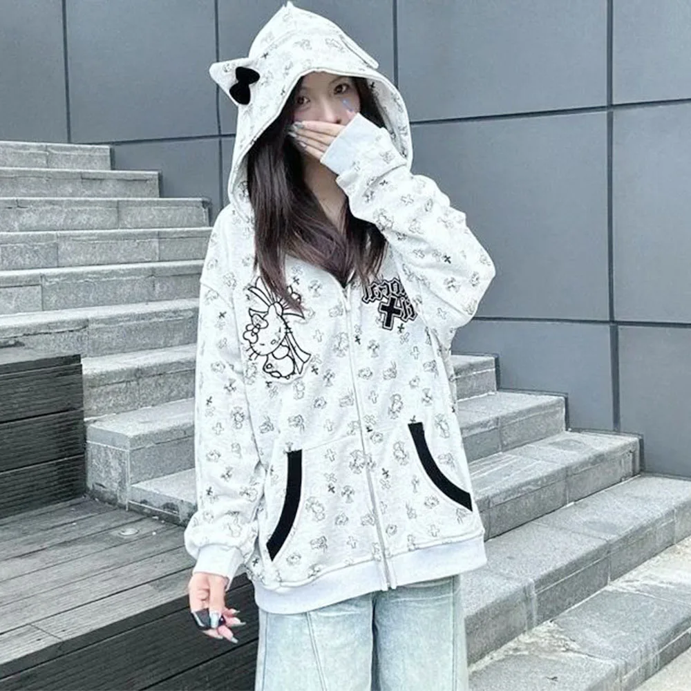 

Y2K Hello Kitty Hoodie Cardigan Coat Anime Kawaii Cotton Autumn Winter Embroidered Hooded Sweatshirt Loose Vintage Student Tops