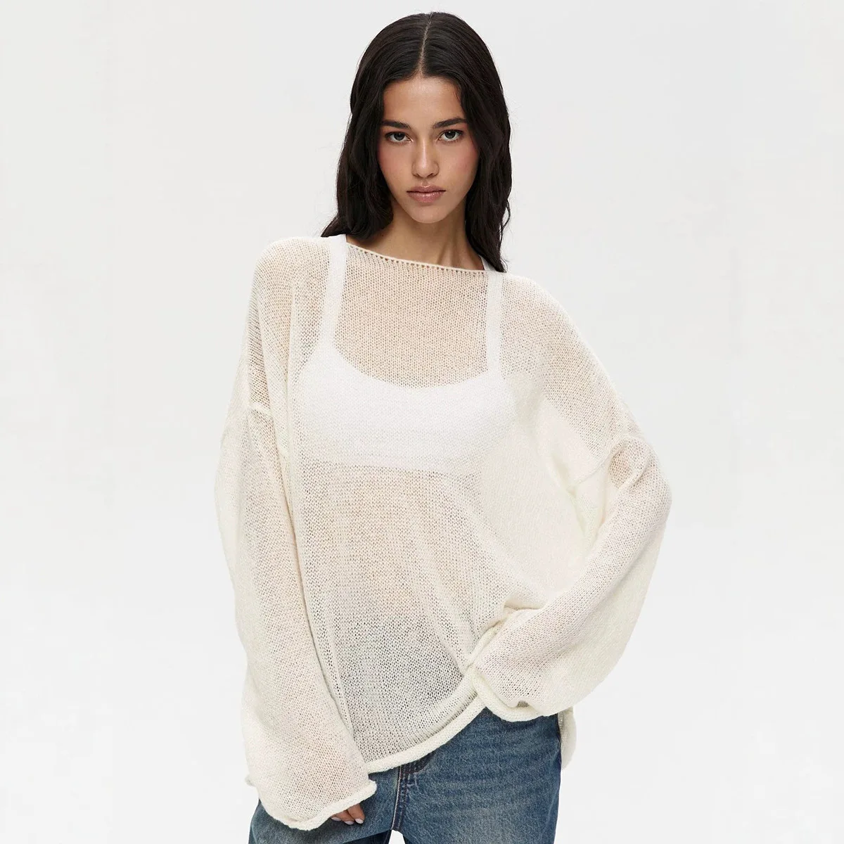 Women Round‑Neck Sheer Cutout Loose Drop‑Shoulder Knit Top For Spring Autumn Street Casual Wear Women's Sweater