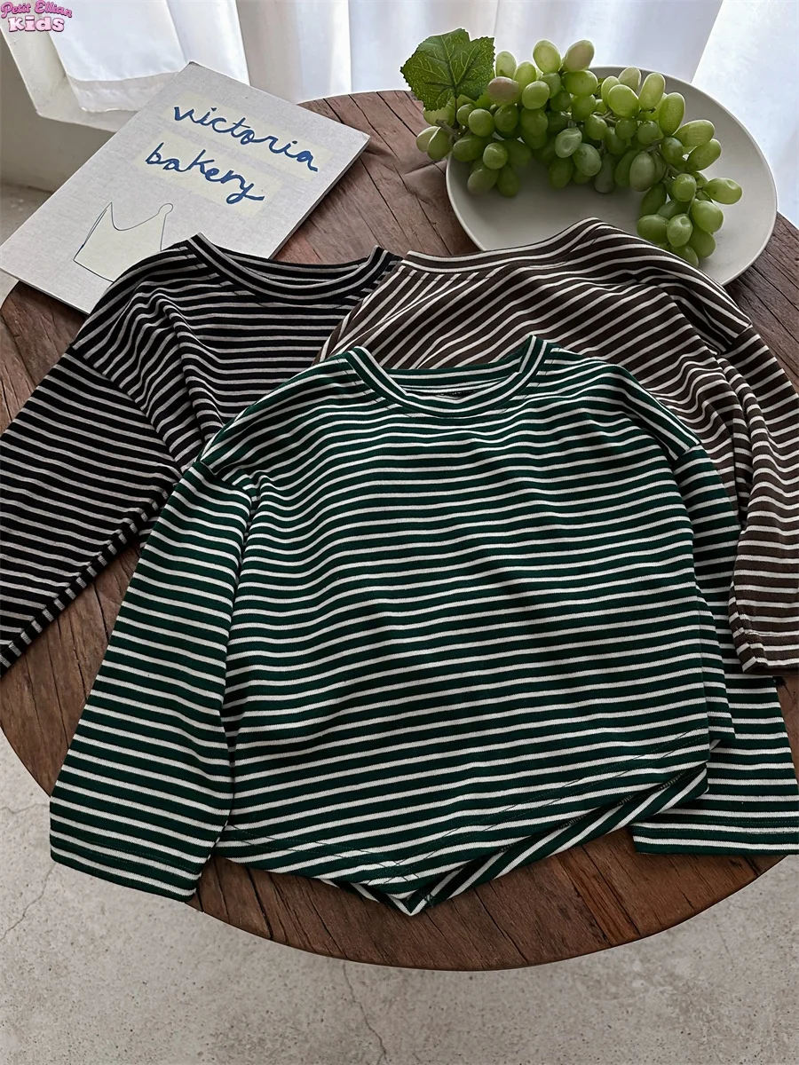 

Korean Clothing 2025 Clothes Girl 1-7Y Baby Boy Cotton Striped Long Sleeve Top Breathable Kids Undershirt for Casual Daily Wear