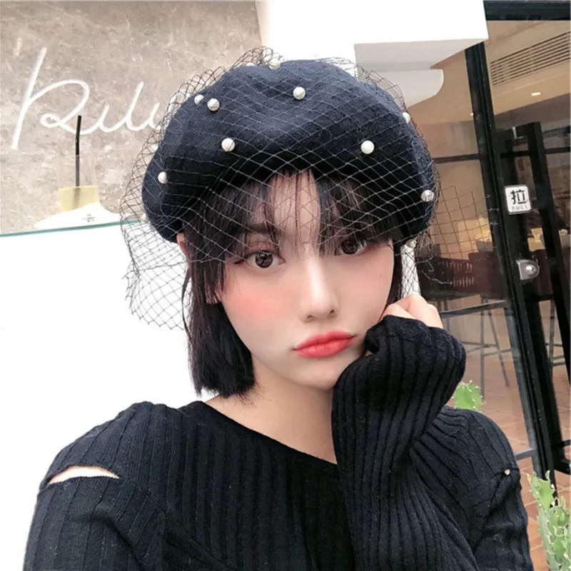 New Fashion Autumn Winter Female Beanie Beret Pumpkin Women Mesh Veil Wool Beret Luxury Sparkling diamond Pearl Painter Hat