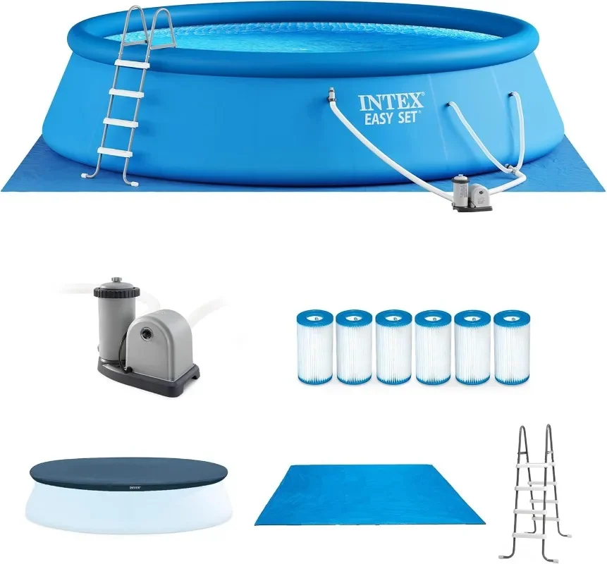 

Intex Easy Set 18 Foot by 48 Inch Round Inflatable Above Ground Swimming Pool with Filter Pump, Ladder, Pool Cover, and 6 Pack