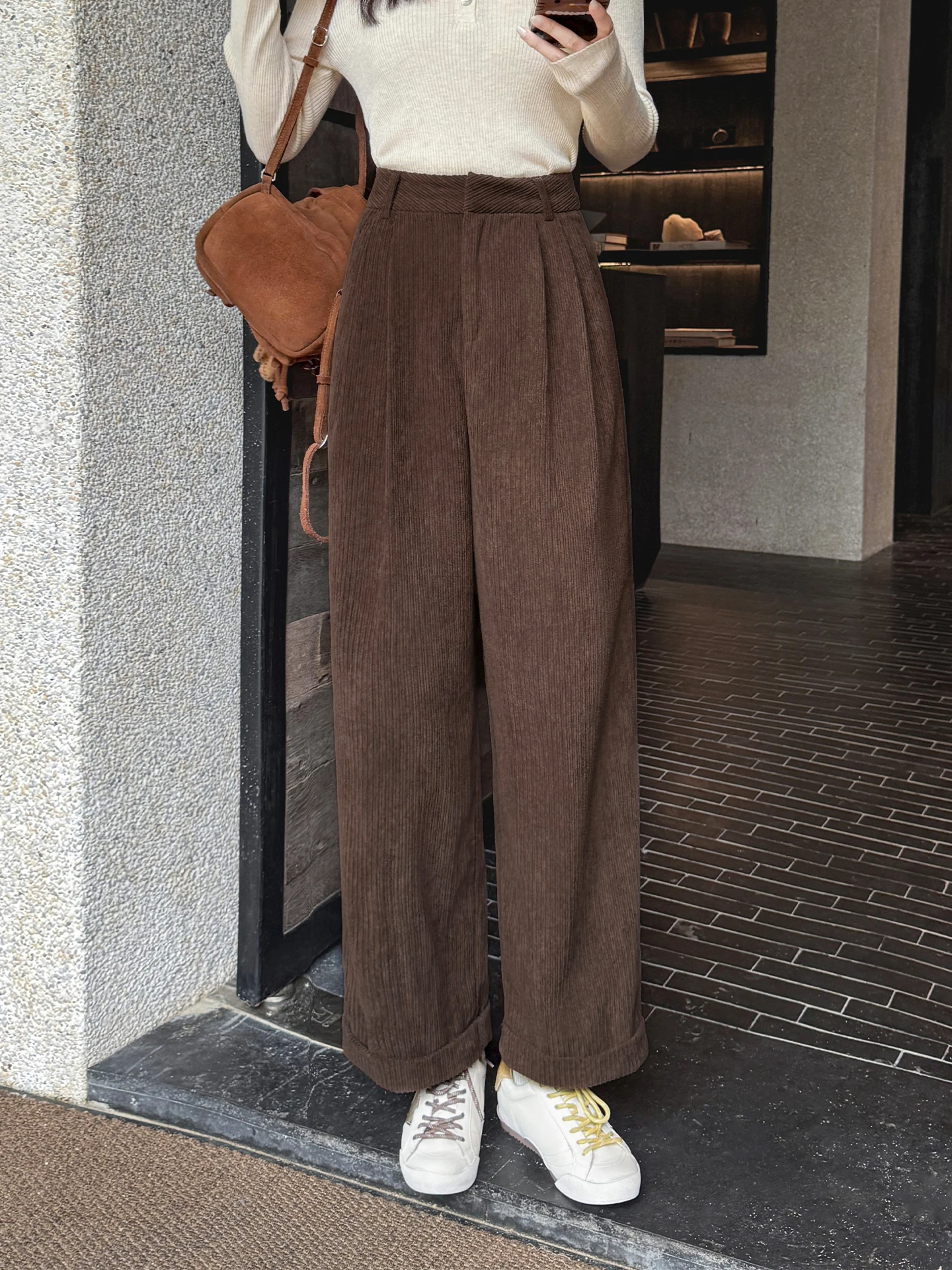 

High Waist Loose Straight Corduroy Casual Pants Vintage Sle Folded Nine Points Autumn Winter New Faion Versatile Lad...