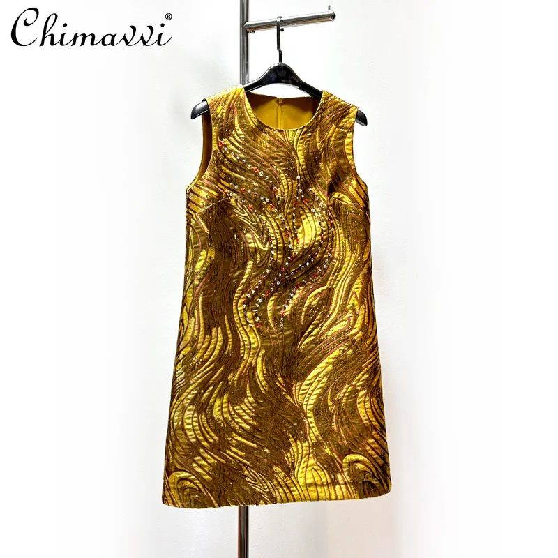 

High-end Luxury Gold Jacquard Handmade Beaded Dress Fashion Round Neck Sleeveless Elegant Short Women's Dress 2025 Spring