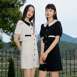 Semir Dress Women Contrast Texture Fake Two Pieces 2023 Summer New Bubble Sleeve Breasted Short Dress Elegant Small Fragrance