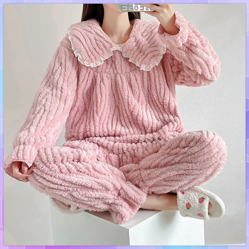 Winter Panda Print Coral Fleece Sleepwear Women's Pajamas With Pants Set Warm 2 Piece Sets Thicken Pajama Sets Home Wear Suit