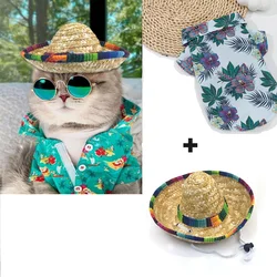 Pet Vacation Costume Set - Tropical Beach Shirt with Mexican Straw Hatfor Cats and Small to Medium Dogs, Hook and Loop Closure,